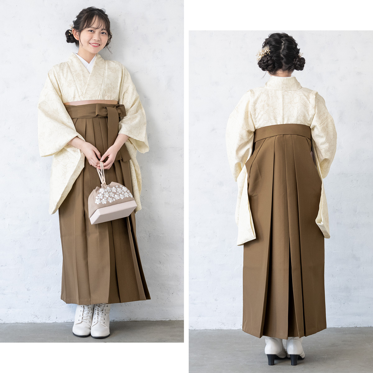 袴セット 卒業式 小学生 女の子 ジュニア 販売 クリーム系 花 フラワー ブラウン 茶 13歳 十三参り ハーフ成人式 送料無料 SOUBIEN（創美苑） 袴セット 卒業式 小学生 女の子 ジュニア 販売