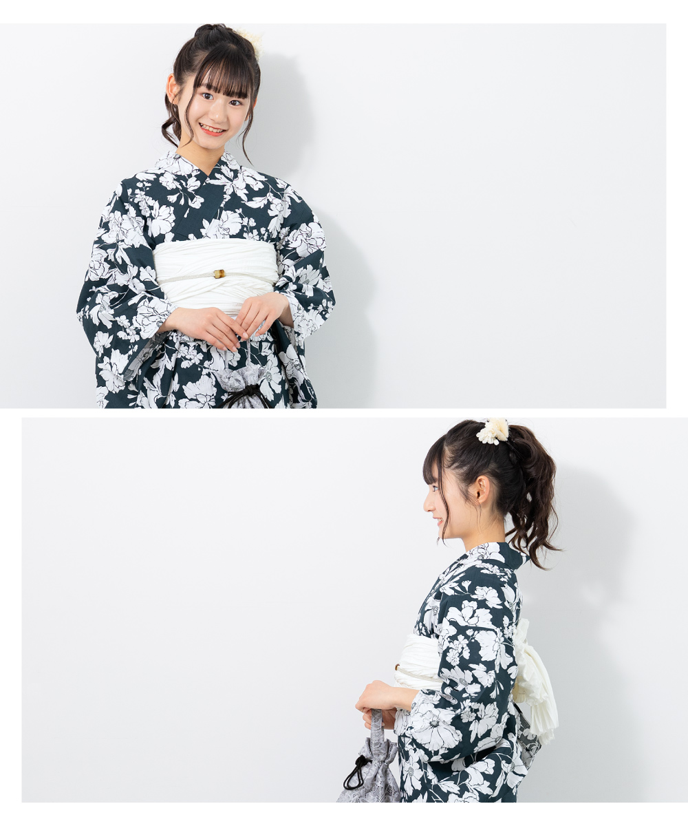 レトロ　浴衣セット　150cm　女の子　花柄　紺　兵児帯　新品　紫　リボン SOUBIEN（創美苑） 浴衣 セット ハイジュニア 女の子 兵児帯 浴衣