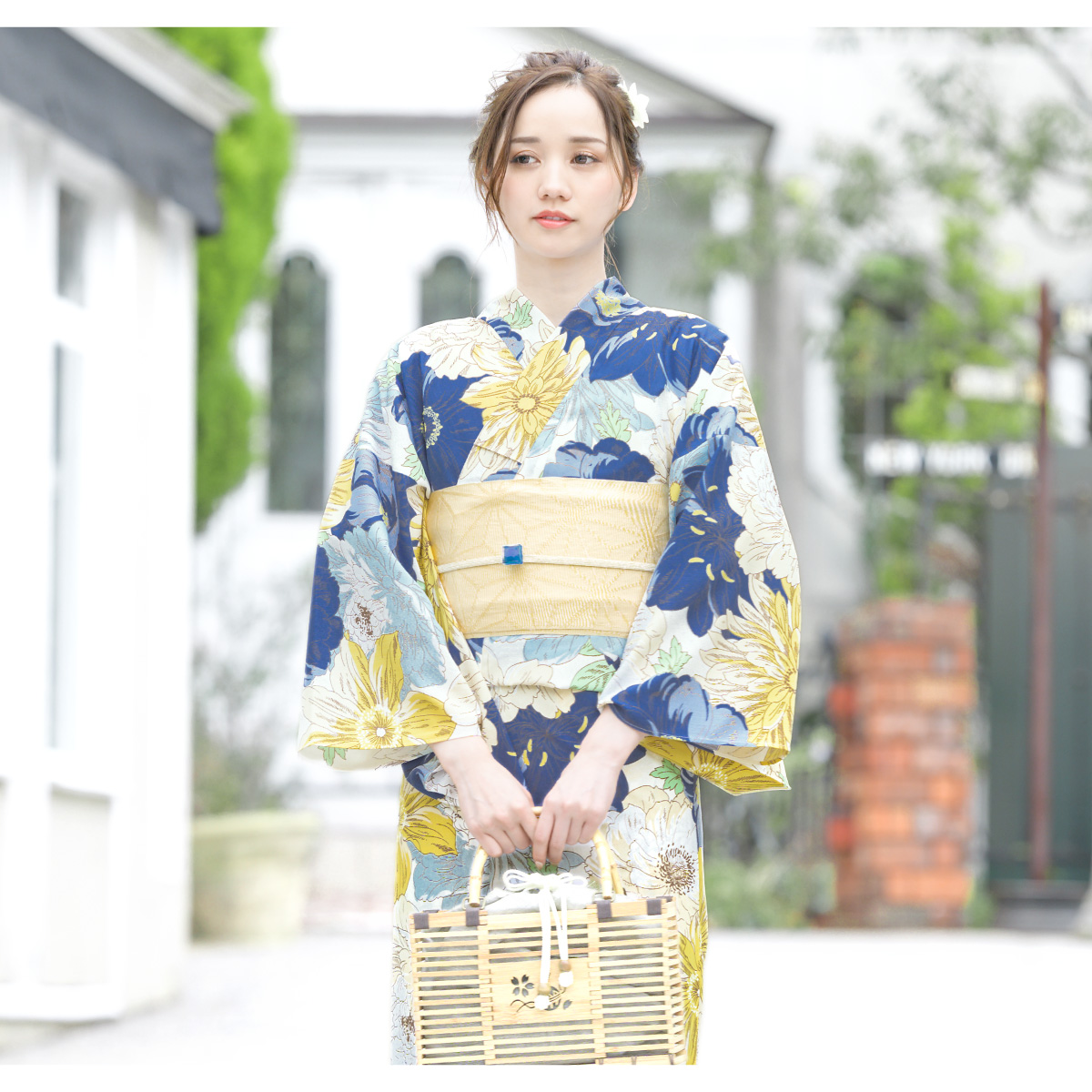 黄緑 セパレート式浴衣セット 着付けのいらない簡単セパレート綿浴衣＋しわ兵児帯 2点セット