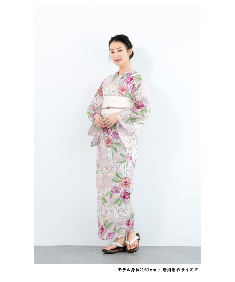 1セットのみ 浴衣ジェンヌ 浴衣5点セット ピンクに白や水色の薔薇 浴衣 セット レディース 浴衣セット 夏 女性 2点セット 半幅帯