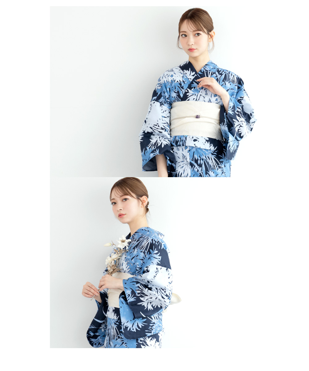 夏を彩る季節レディース浴衣3点セット（浴衣/帯/下駄 白地×青、紺×薄灰、黒） SOUBIEN（創美苑） 浴衣 レディース 浴衣セット 夏 大人 F 半幅帯 3点