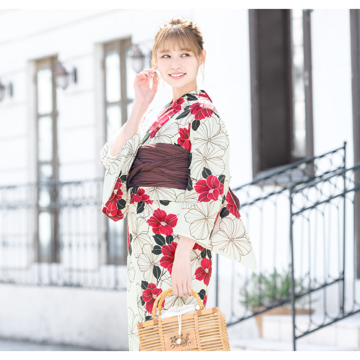 【2点セット】浴衣 帯付き レディース 白 赤椿 生成り地 赤椿×生成り地浴衣2点セット 浴衣セット レディース浴衣[品番