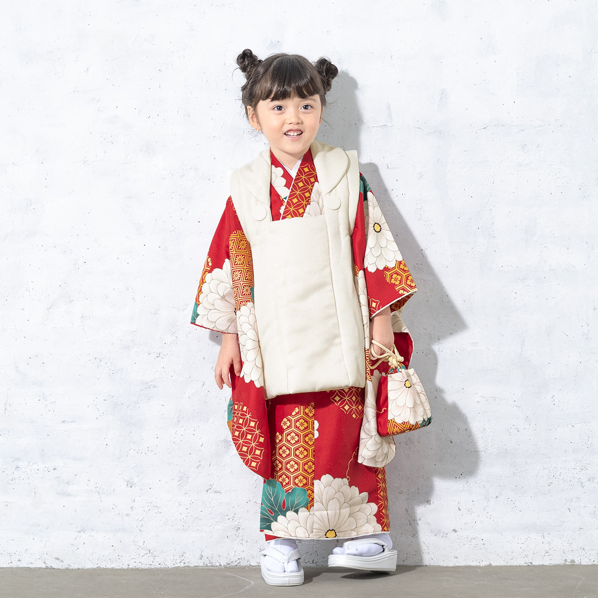 七五三 着物 3歳 販売 女の子 三歳 着物セット 被布セット 白 赤 菊 花