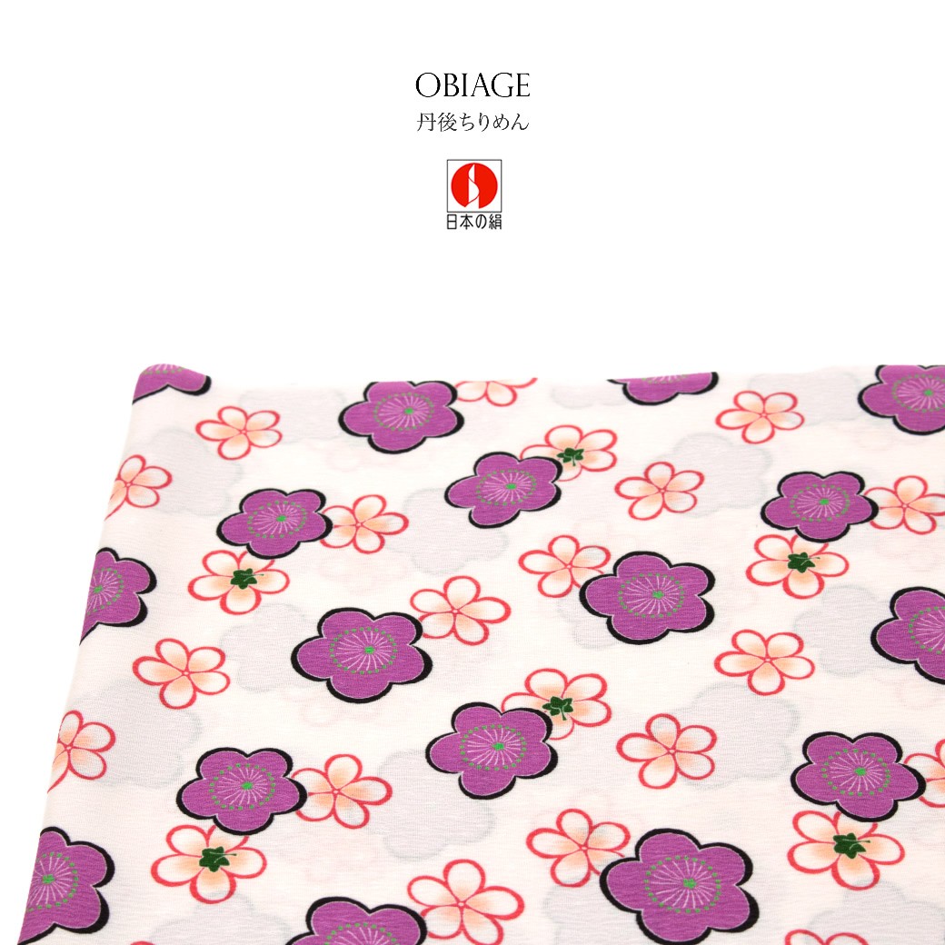 帯揚げ 日本の絹 白 ホワイト 紫色 パープル 梅 花 正絹 丹後ちりめん カジュアル 帯上げ 帯あげ 和装小物 日本製 SOUBIEN（創美苑） 帯揚げ 日本の絹 白 ホワイト 紫色 パープル 梅 花