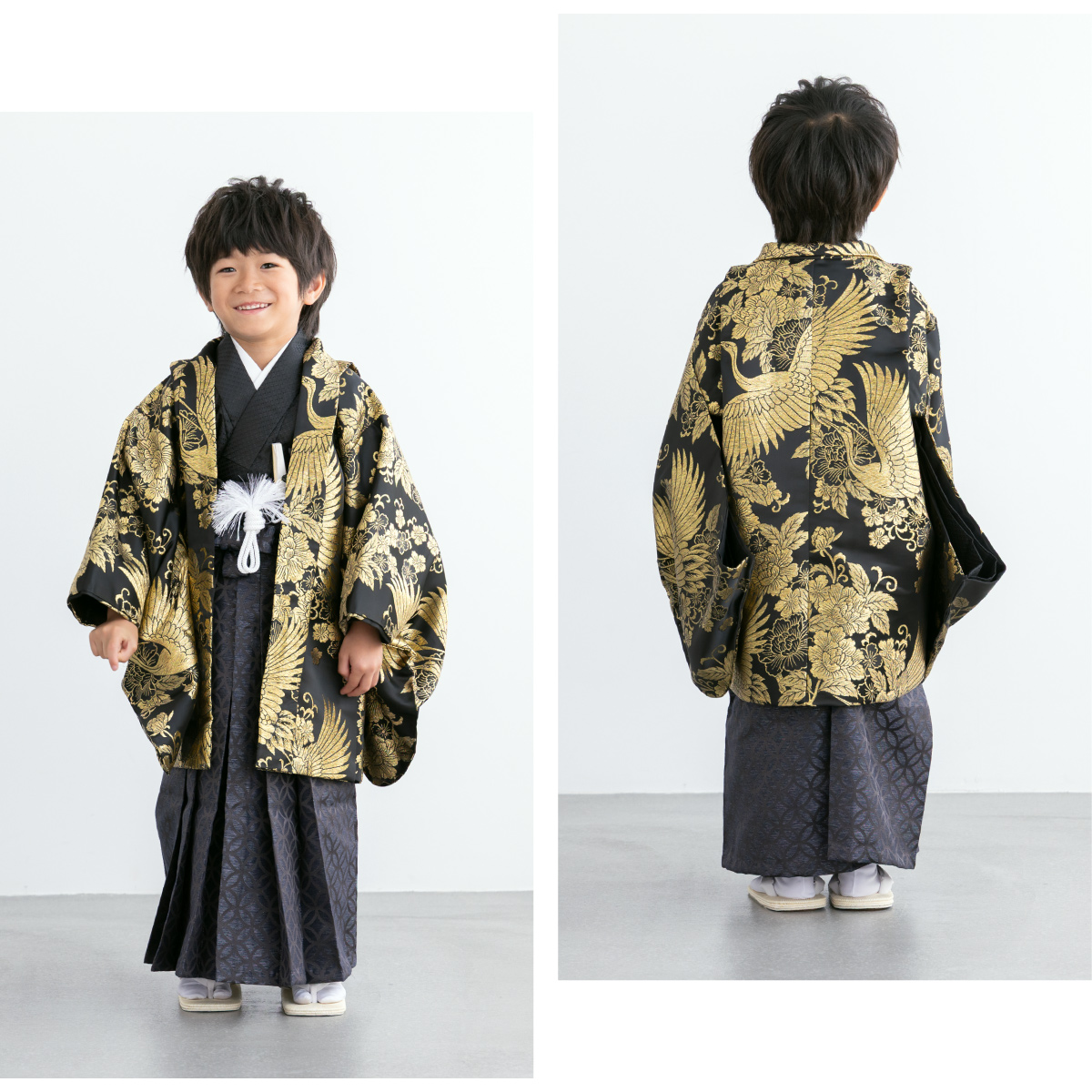 七五三 和服セット 黒地 金色模様 SOUBIEN（創美苑） 七五三 着物 男の子 5歳 袴セット 羽織 袴 襦袢 帯
