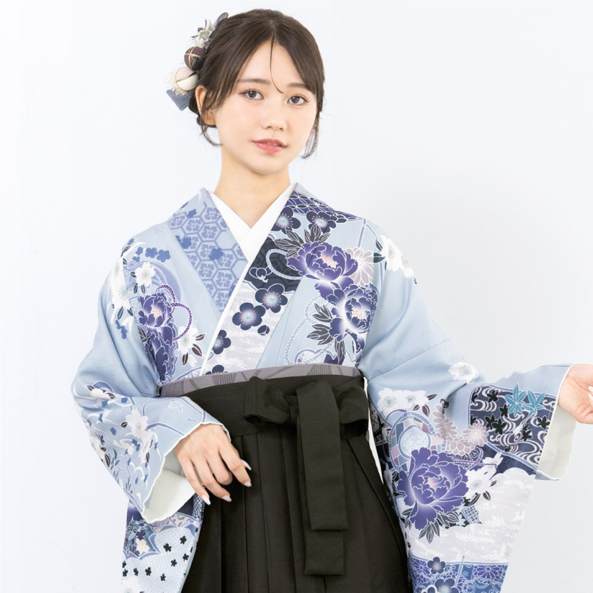 花柄着物 袴セット 紺色 グレー SOUBIEN（創美苑） 袴セット 卒業式 レディース 女の子 ジュニア 子供