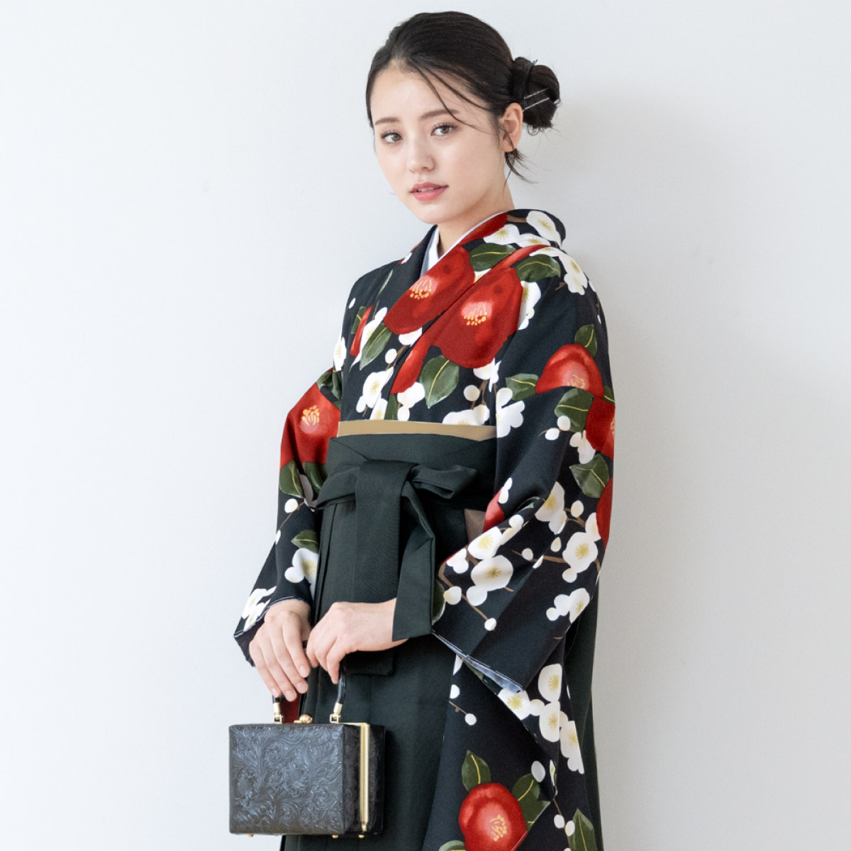卒業式着物&amp;袴セット 黒×ボルドー Kimono Sienne 卒業式袴3点セット 総レース二尺袖 ボルドー 黒 レース