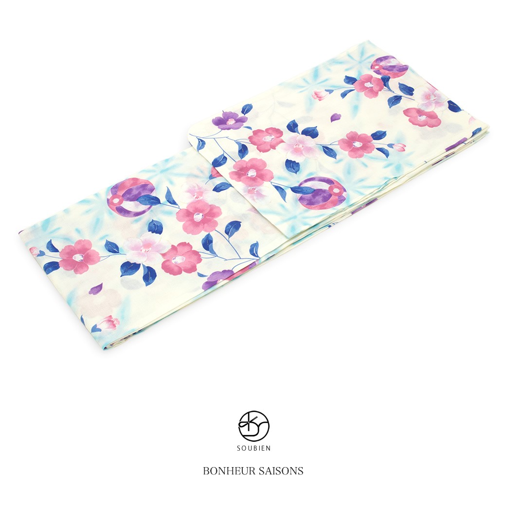 浴衣 レディース bonheur saisons ボヌールセゾン 白 オフホワイト ピンク 青 紫 椿 紙風船 ラメ 綿 夏祭り 花火大会 女性用 仕立て上がり 【フリーサイズ】【送料無料】 bonheur saisons（ボヌールセゾン） 浴衣 レディース 単品 白 オフ