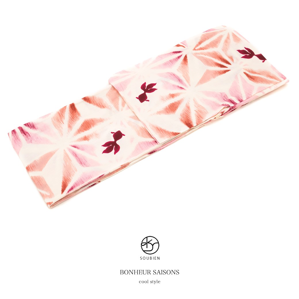 浴衣 レディース bonheur saisons ボヌールセゾン 生成り色 アイボリー ピンク 赤 麻の葉 金魚 綿 夏祭り 花火大会 女性用 仕立て上がり 【フリーサイズ】【送料無料】 bonheur saisons（ボヌールセゾン） 浴衣 レディース 単品 生成り色