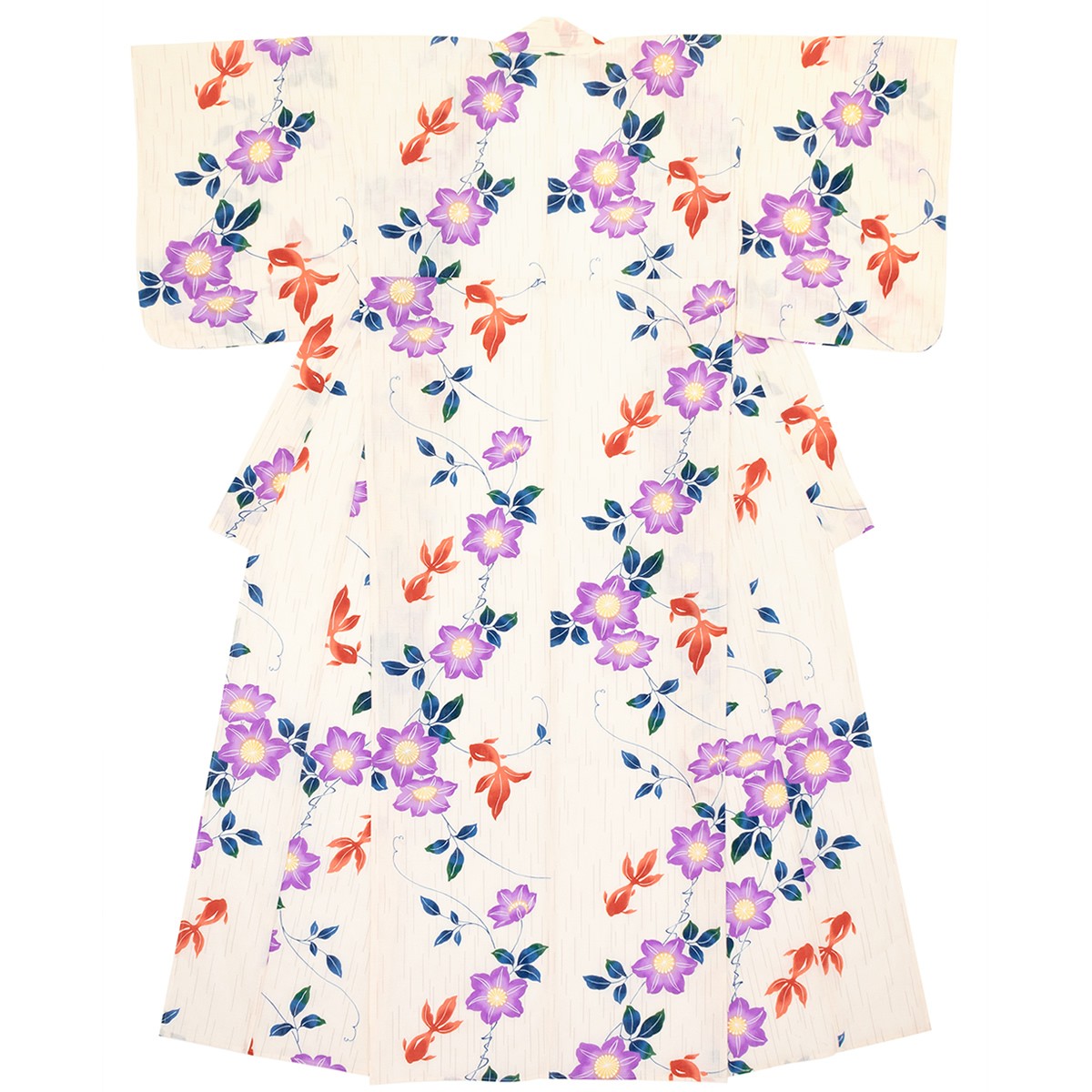 浴衣 レディース bonheur saisons ボヌールセゾン 白系 オフホワイト 紫 鉄線花 クレマチス 金魚 雨縞 綿 変わり織り 夏祭り 花火大会 女性用 仕立て上がり【送料無料】 bonheur saisons（ボヌールセゾン） 浴衣 レディース 白系 紫 鉄線花