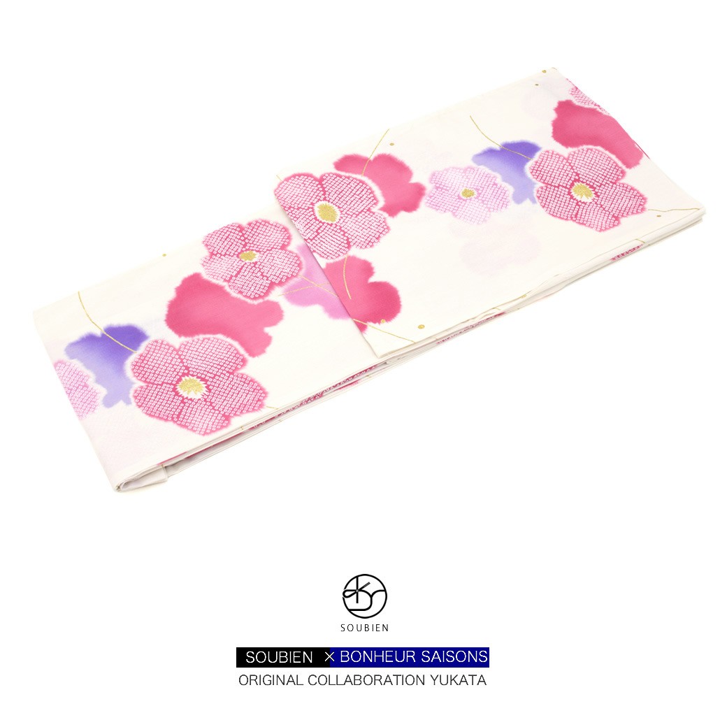 浴衣 レディース bonheur saisons ボヌールセゾン 白 アイボリー ピンク 鹿の子柄 花 ラメ ラメ 綿 洗える 夏祭り 花火大会 女性用 【S・フリー】 SOUBIEN（創美苑） 浴衣 レディース 単品 bonheur saisons ボヌール
