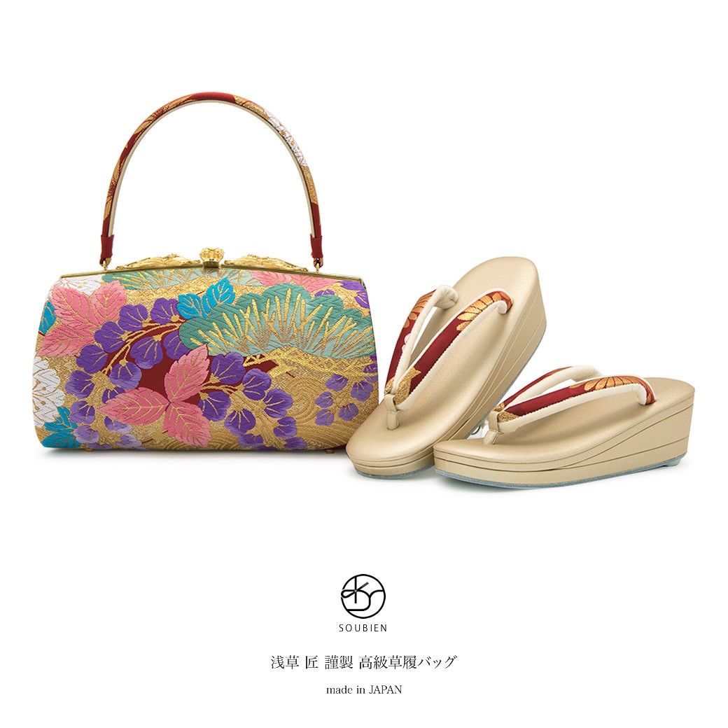 振袖　フォーマル用　高級西陣バッグ草履セット 雪輪桜　シルバー SOUBIEN 草履バッグセット 成人式 草履 バッグ 浅草『匠』 赤
