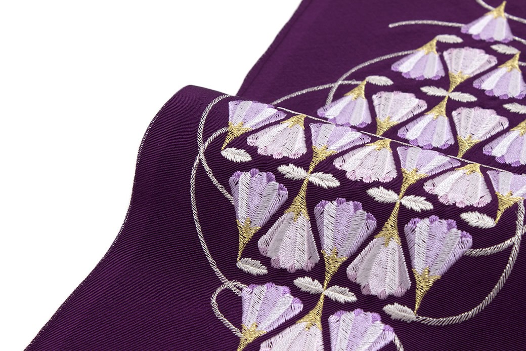 SOUBIEN 半襟 刺繍 振袖 半衿 成人式 紫 パープル 花菱並び 正絹