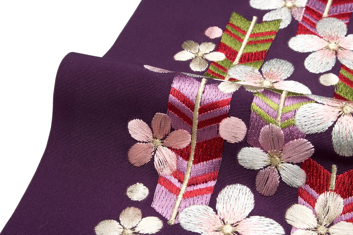 半襟 刺繍 振袖 半衿 成人式 紫系カラフル 梅 花 矢羽根 新合繊