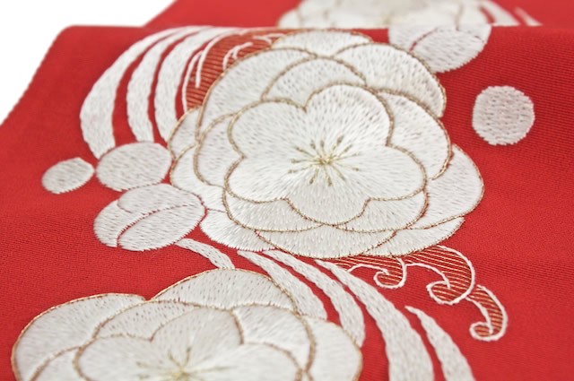SOUBIEN 半襟 刺繍 振袖 半衿 成人式 赤 八重桜 正絹 手刺繍半襟