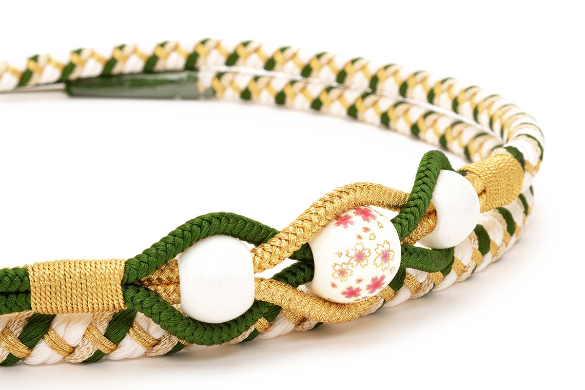 帯締め 振袖 成人式 振袖用 帯締め成人式 緑 グリーン 白 トンボ玉 フェイクパール 手ぐみひも 正絹 蜻蛉玉 和装小物 日本製 送料無料 SOUBIEN（創美苑） 帯締め 振袖用 成人式 振袖 深緑 白 トンボ玉