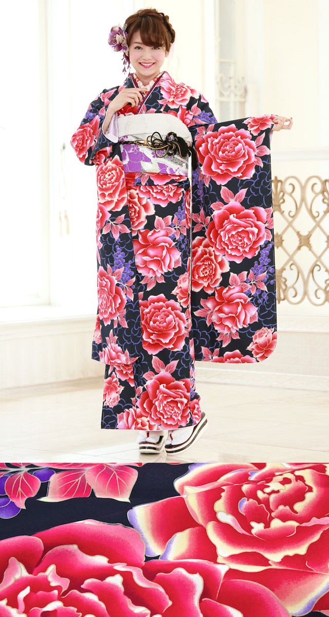 SOUBIEN 振袖 紺 赤ピンク カラフル 薔薇 葡萄 花 古典モダン