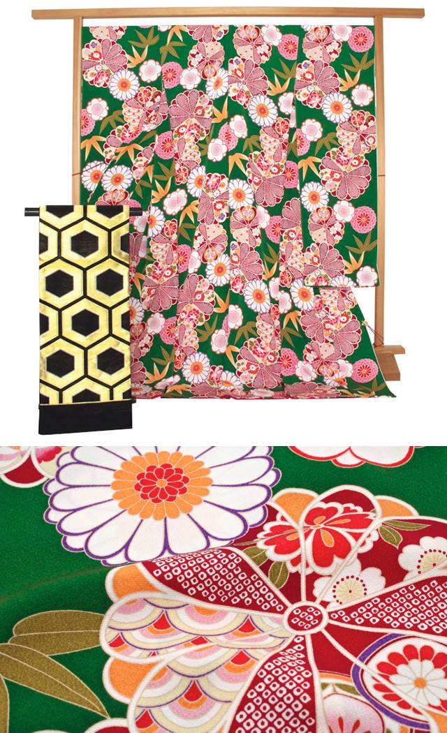 振袖 セット 未仕立て 仮絵羽 緑 グリーン 菊 梅 竹笹 花 正絹