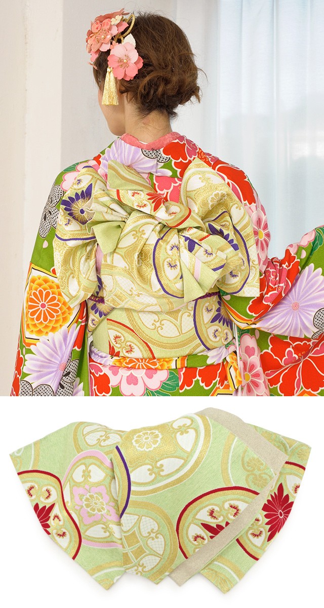 振袖 セット 未仕立て 仮絵羽 黄緑 イエローグリーン 牡丹 菊 亀甲 花