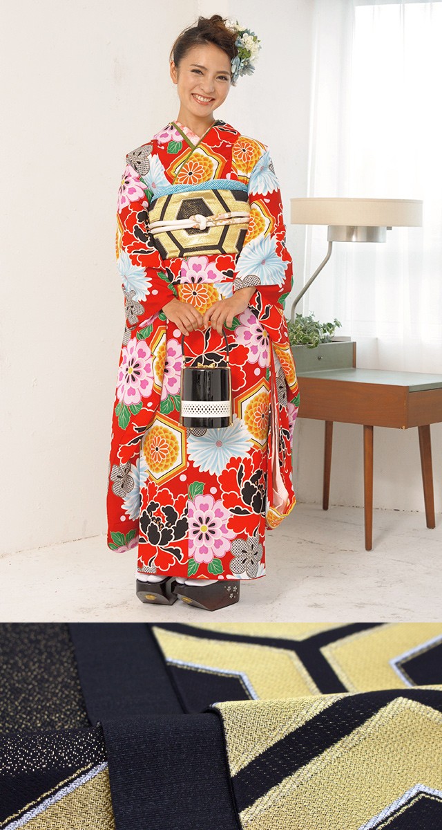 振袖 セット 未仕立て 仮絵羽 赤 レッド 牡丹 菊 亀甲 花 正絹 西陣織