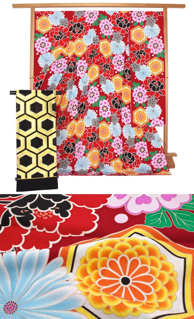 赤い花柄振袖セット SOUBIEN 振袖 セット 未仕立て 仮絵羽 赤 レッド 牡丹 菊 亀甲