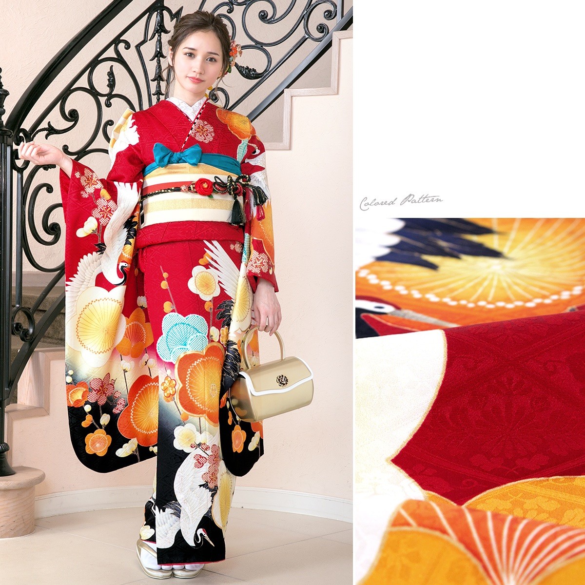 SOUBIEN 振袖セット 赤 梅 花 鶴 絵羽柄 丹後ちりめん 正絹 日本