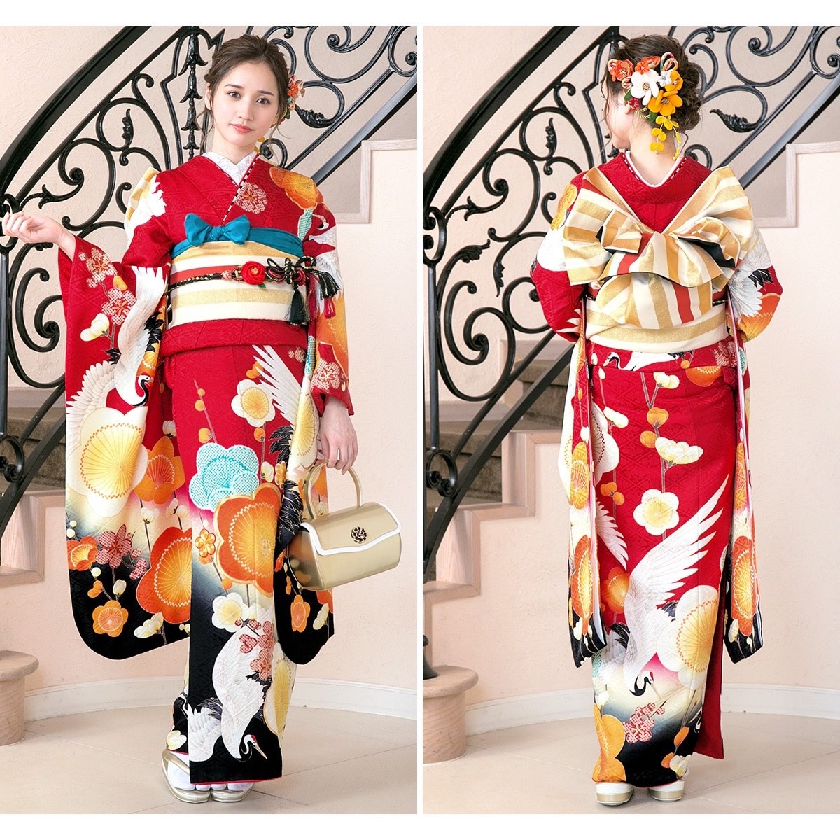 予約販売 振袖セット SOUBIEN 赤 日本 正絹 丹後ちりめん 絵羽柄 鶴 花 梅 着物・浴衣