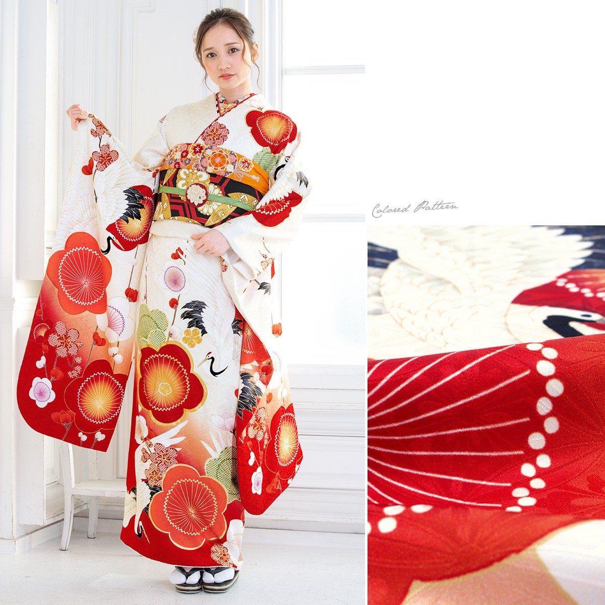 小紋着物 梅花柄 青緑 袷/ Komon Kimono Double-layered Plum