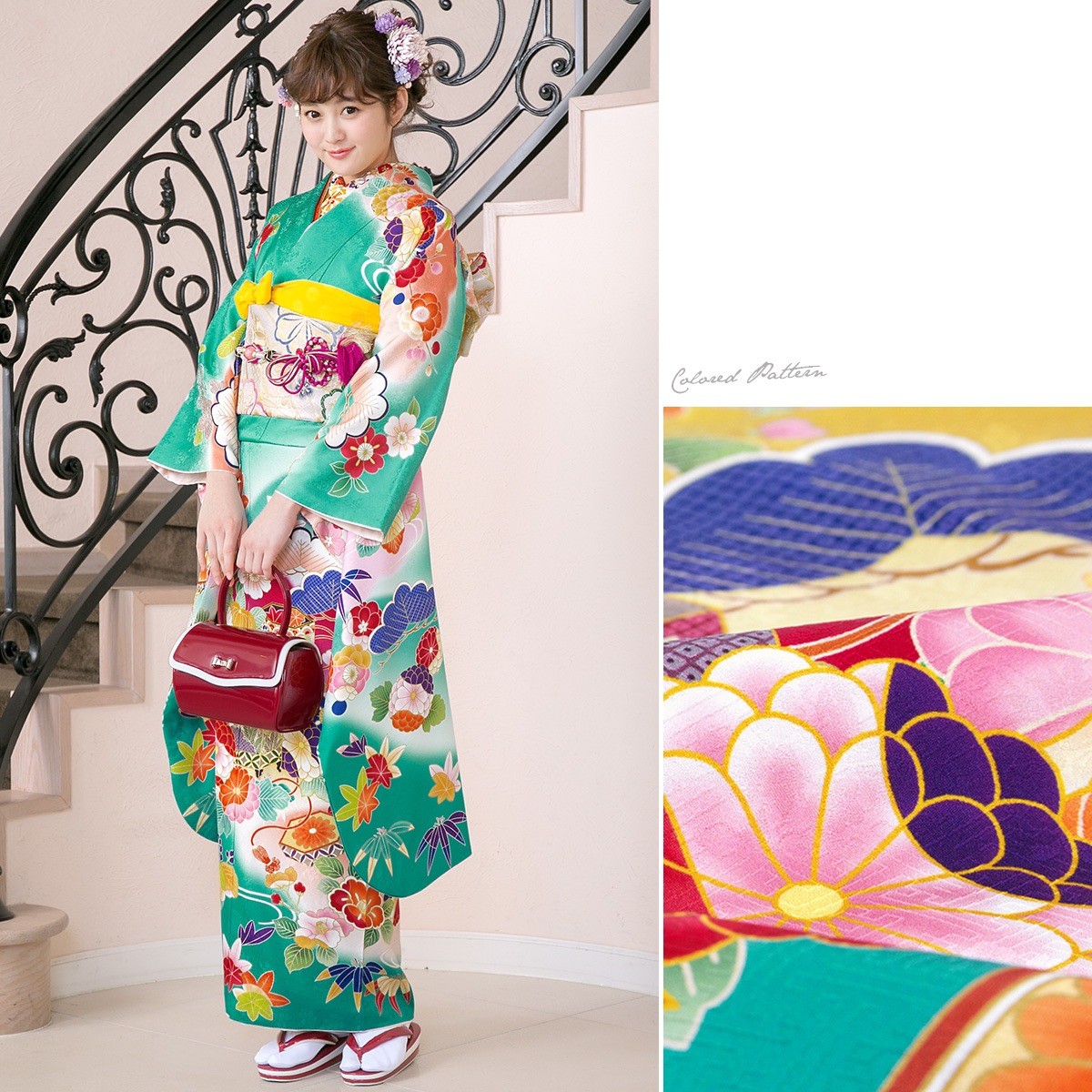 SOUBIEN 振袖セット 青緑色 松竹梅 菊 貝桶 桐 花 絵羽柄 絹