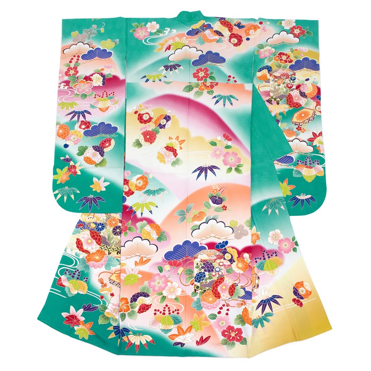 振袖セット 青緑色 松竹梅 菊 貝桶 桐 花 絵羽柄 絹 西陣織 パール