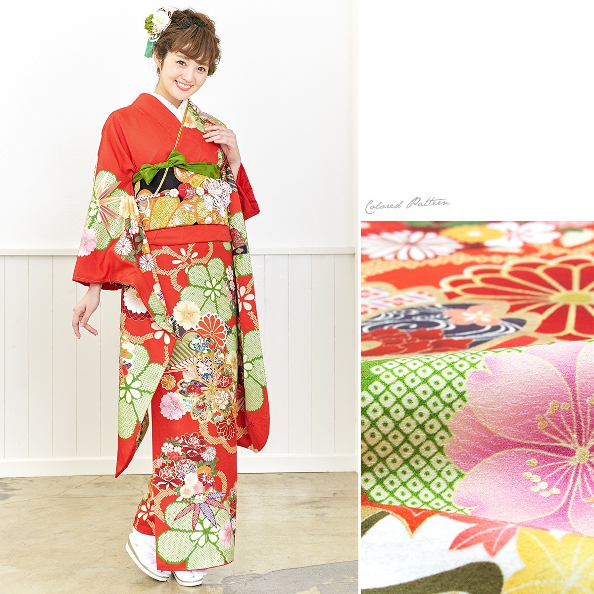 美品 振袖 ６点セット 成人式着物 トール 金駒刺繡“迫力の梅と松と色”FS-2 振袖セット 振袖フルセット 正絹 駒刺繍 流水鳳凰文 暈し染め