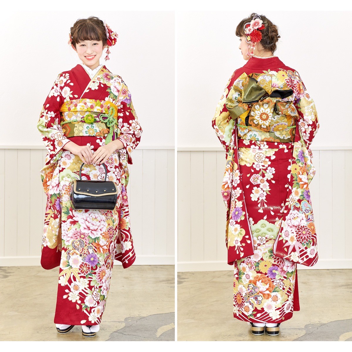 SOUBIEN 振袖セット 赤系 波 雲取り 桜 牡丹 菊 花 絵羽柄 絹