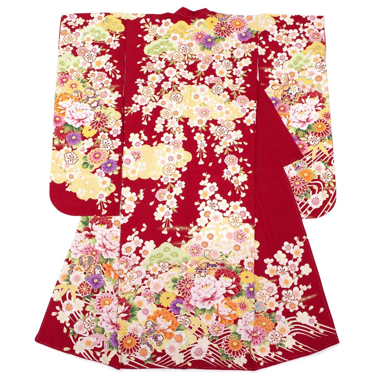 振袖セット 赤系 波 雲取り 桜 牡丹 菊 花 絵羽柄 絹 西陣織 パール 