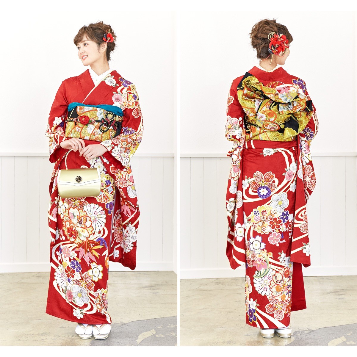 SOUBIEN 振袖セット 赤 梅 花 鶴 絵羽柄 丹後ちりめん 正絹 日本