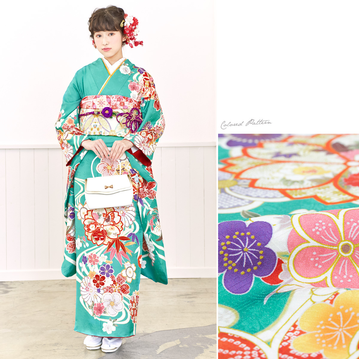 振袖セット 青緑 牡丹 桜 梅 流水 笹 絵羽柄 正絹 西陣織 パールトーン