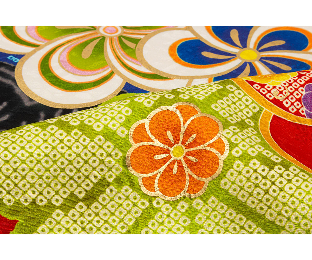 振袖　黄色系　山吹色　扇　松竹梅　古典柄　刺繍　正絹　No.395 楽天市場】絵羽柄の振袖 正絹 Sサイズ振袖 刺繍入り 成人式 十三