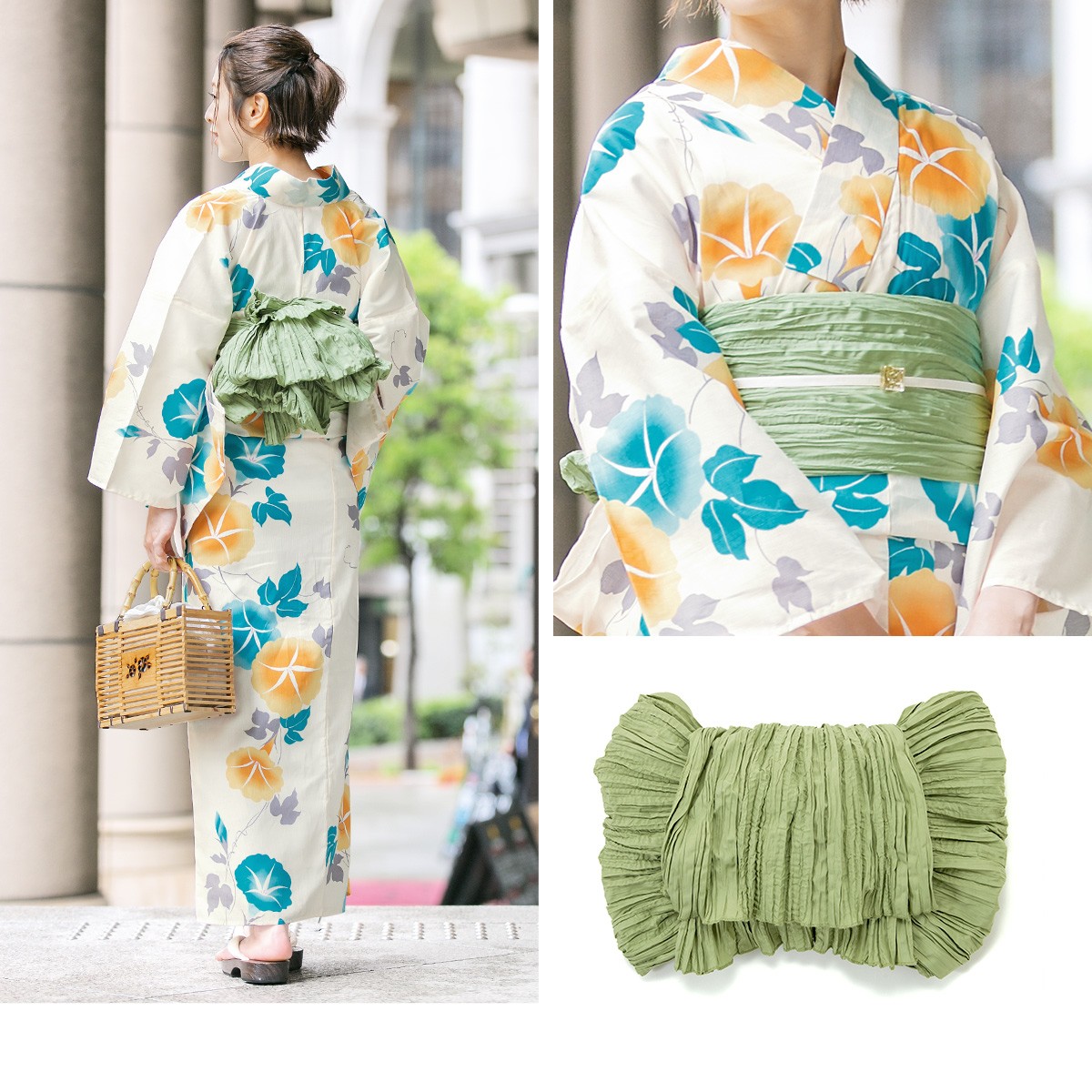 新品未使用☆浴衣☆綿麻☆朝顔☆帯付き☆大人 着付けのいらない簡単セパレート綿麻浴衣＋しわ兵児帯 2点セット