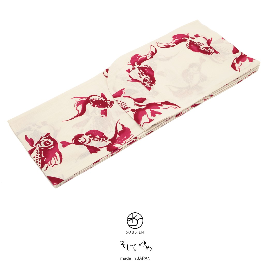 浴衣 レディース 単品 そしてゆめ 白 オフホワイト 赤 レッド 金魚 舟底袖 注染 綿 女性用 日本製 送料無料
