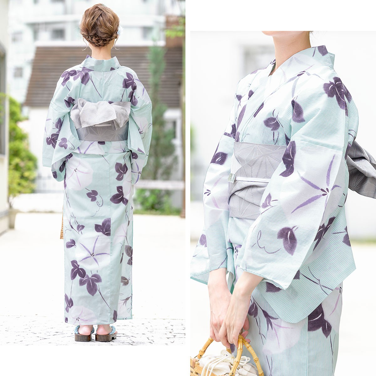 薄緑色 花柄 浴衣・帯セット bonheur saisons 浴衣 セット レディース レトロ 浴衣セット 3点