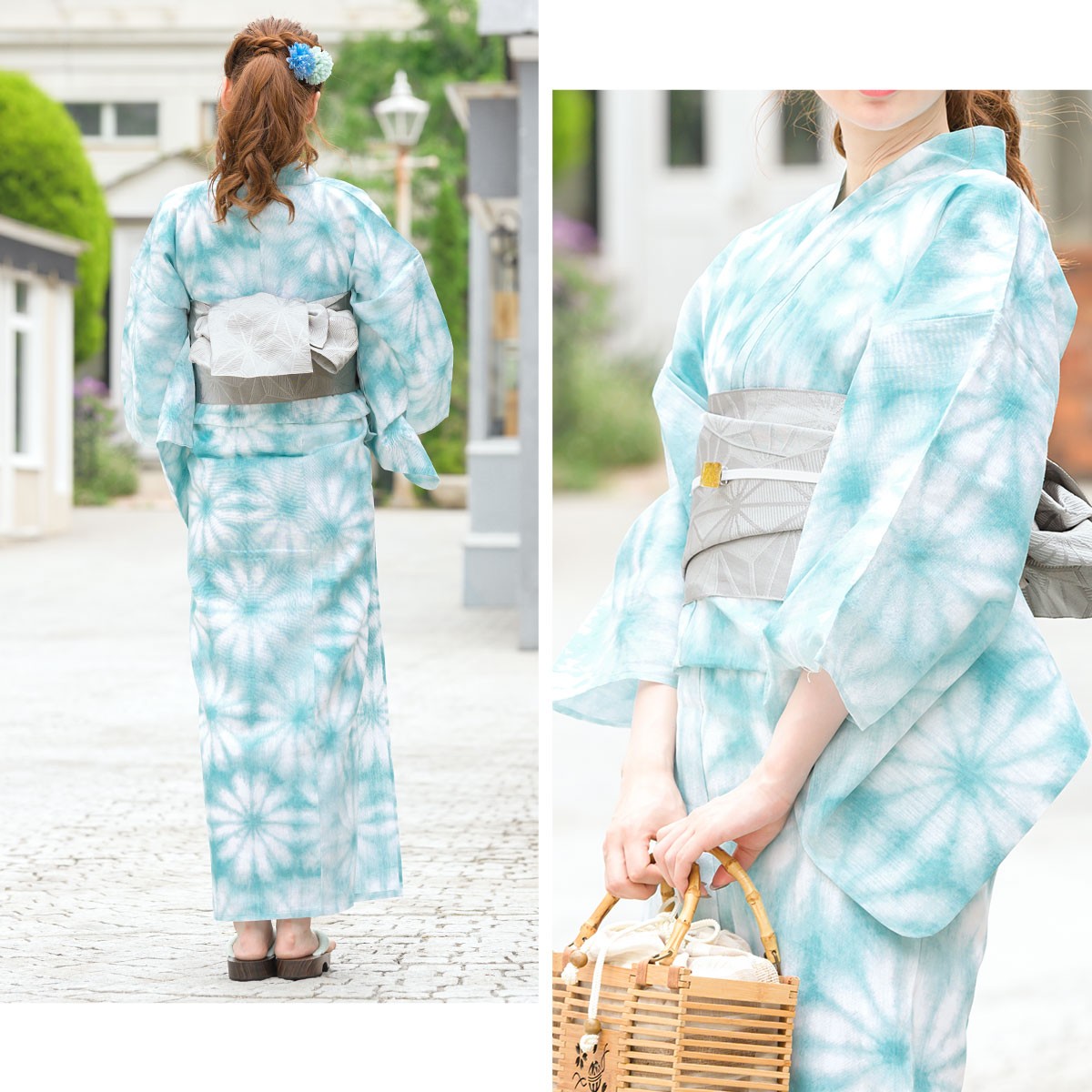 木村実業　水色 白鳥プリント 浴衣・帯セット 即日発送】紺碧乱菊柄浴衣 【浴衣3点セット 浴衣/帯/下駄
