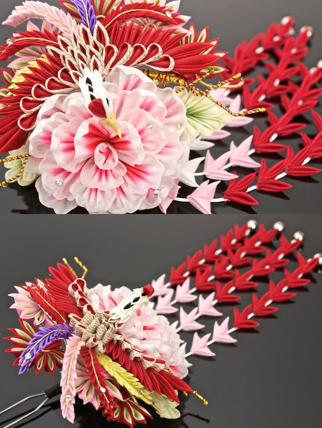 つまみ細工　髪飾り　✴︎結花✴︎紅・グリーン・マスタード　No.378再販2 四季花 紅葉つまみ細工髪飾り・レースつまみ細工 - つまみ細工