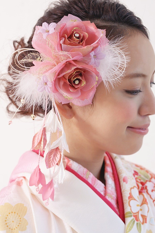 ピンク 花柄 着物。髪飾り。袴 SOUBIEN 髪飾り 成人式 振袖 卒業式 袴 花 フラワー ピンク