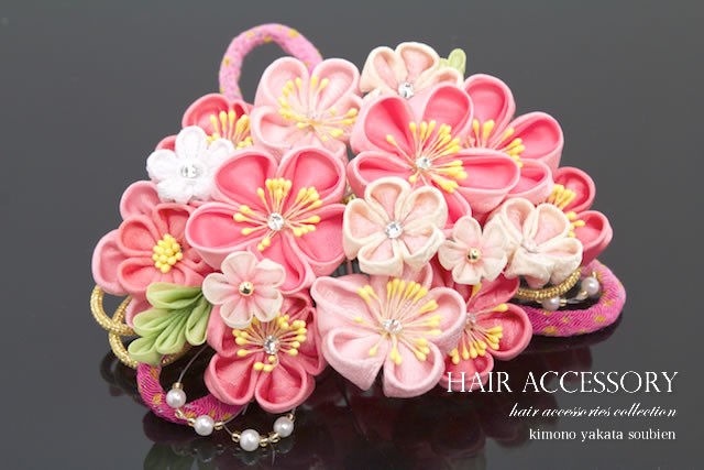 SOUBIEN（創美苑） つまみ細工 ピンク 桜 縮緬 ビーズ パール ライン