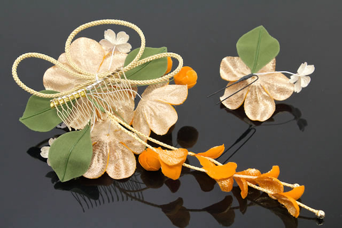 SOUBIEN（創美苑） 髪飾り 2点セット 橙 オレンジ 椿 蕾 べルベット 藤