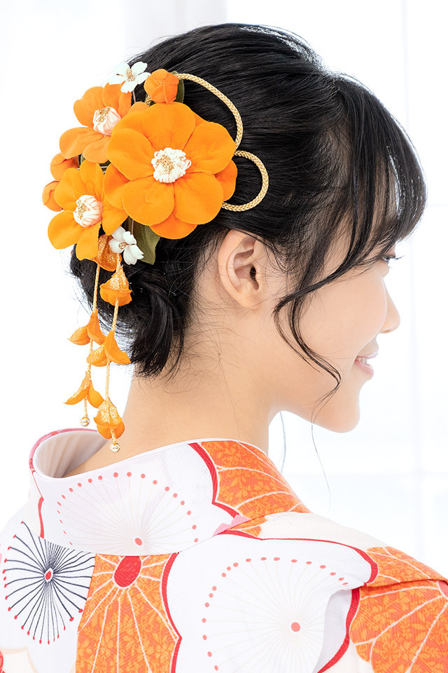 SOUBIEN（創美苑） 髪飾り 2点セット 橙 オレンジ 椿 蕾 べルベット 藤