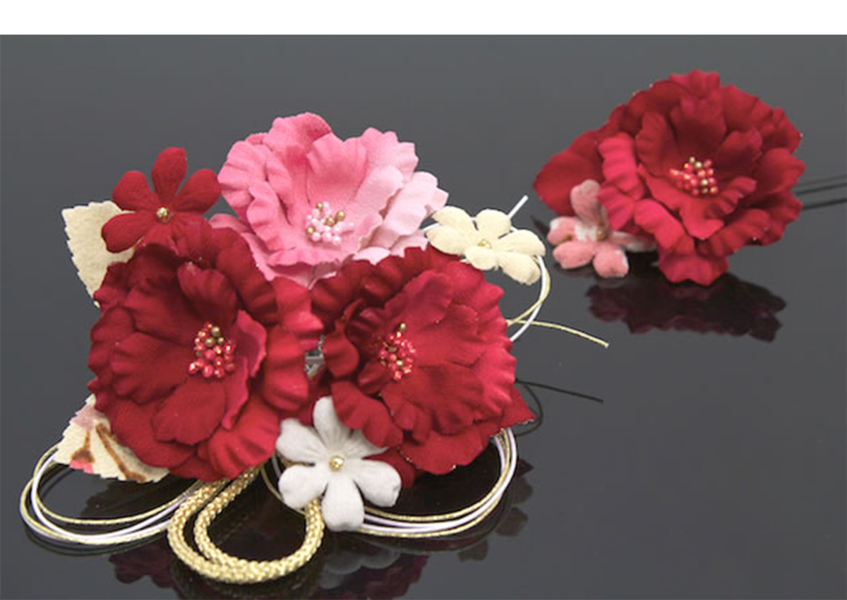 SOUBIEN（創美苑） 髪飾り 2点セット 赤 レッド 牡丹 桜 縮緬 水引