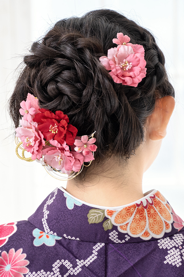 SOUBIEN（創美苑） 髪飾り 2点セット ピンク 牡丹 桜 縮緬 水引 コーム