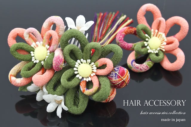SOUBIEN（創美苑） 髪飾り 2点セット 緑 ピンク 花 ふさ飾り 縮緬