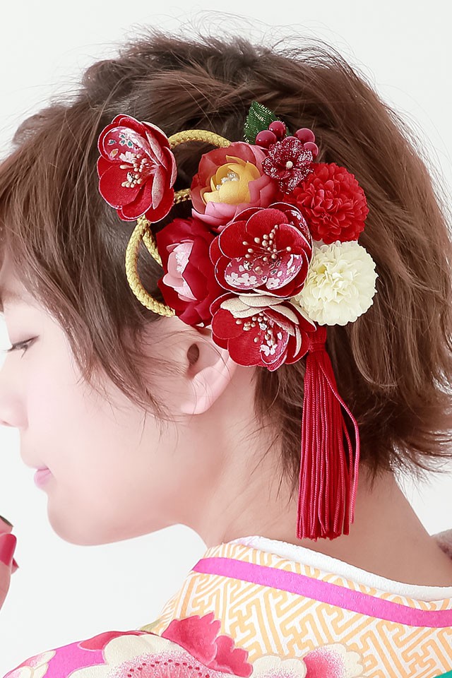 SOUBIEN（創美苑） 髪飾り 2点セット 赤 白 菊 椿 花 水引 房紐 ラメ