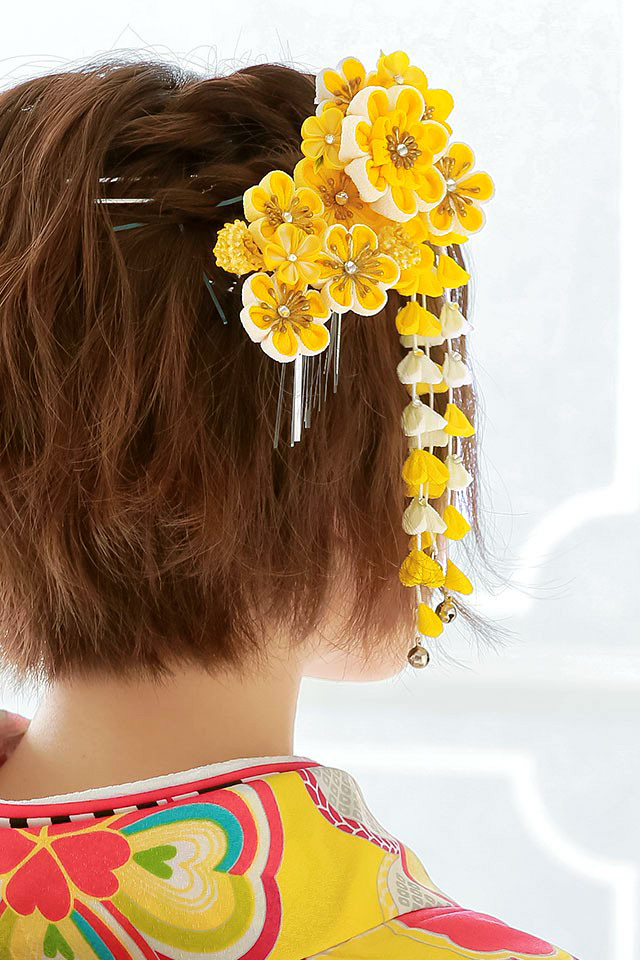 成人式 つまみ細工 髪飾り 簪 かんざし 2点セット 黄色 イエロー 白 梅